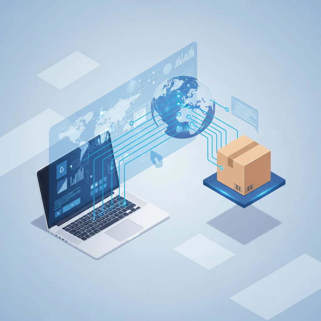 Infográfico moderno sobre como fazer dropshipping em 2026 mostrando uma loja virtual conectada a fornecedores globais de forma digital.