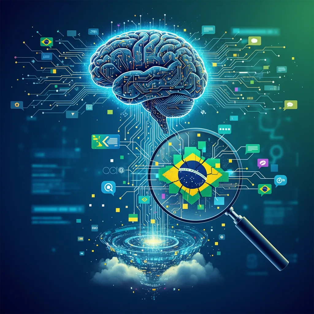 Inteligência artificial analisando discussões em fóruns brasileiros e redes sociais para recomendações de empresas