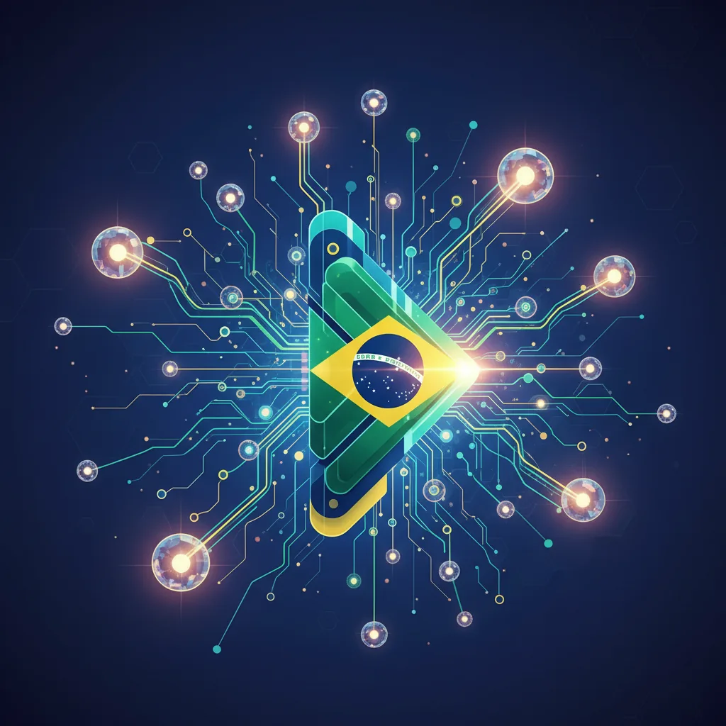 Ilustração do conceito de AEO e GEO com uma empresa brasileira sendo citada por inteligências artificiais.