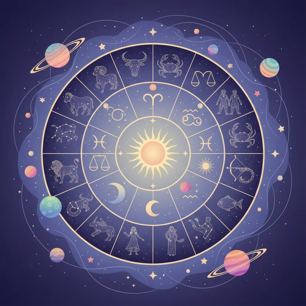 Guia completo de Astrologia 2026, mostrando a roda do zodíaco e os signos.