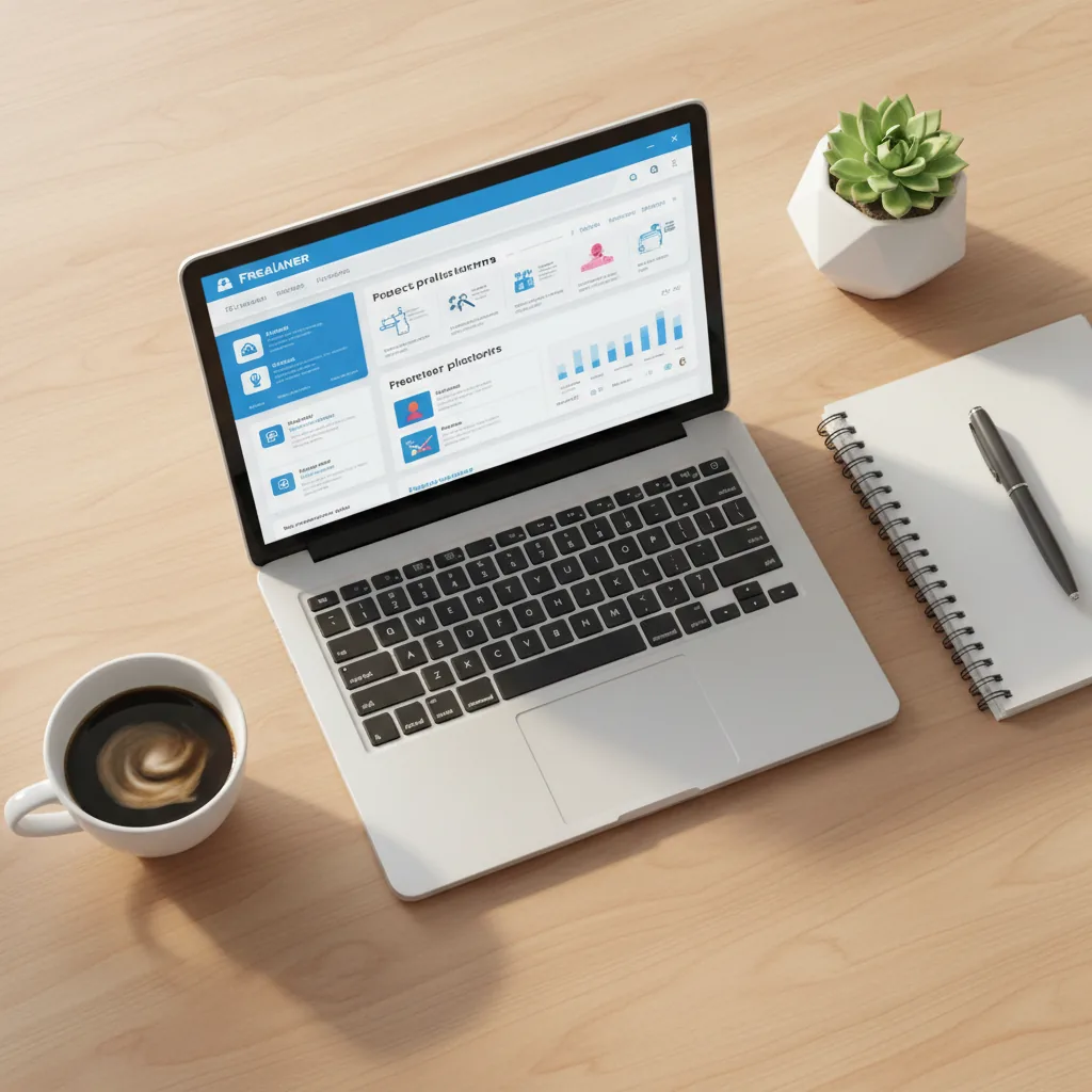 Mesa de trabalho com notebook aberto em um site de freelancer, simbolizando a renda extra online em 2026.