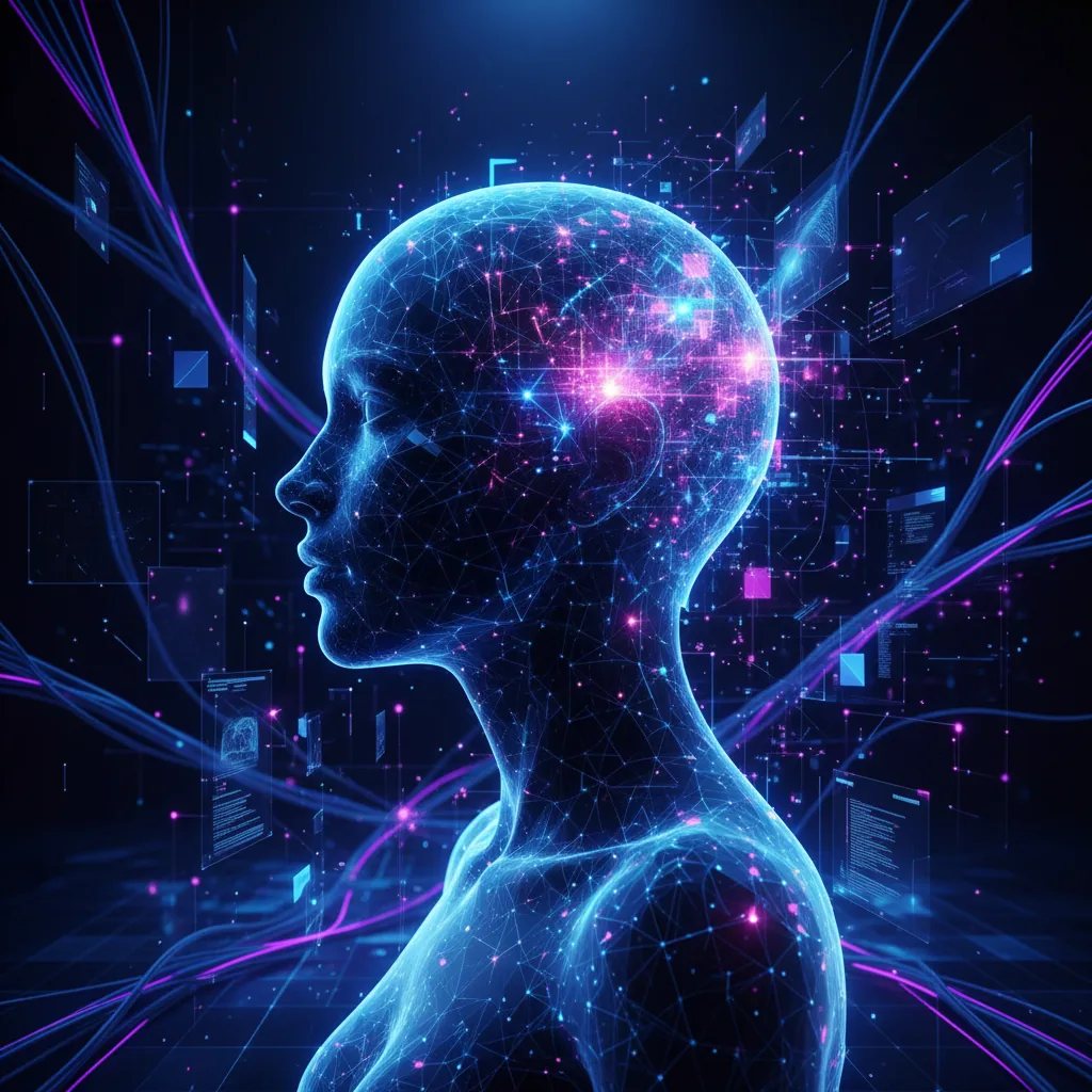 Ilustração digital estilizada de uma mulher virtual sendo criada através de interfaces de tecnologia e luzes neon, simbolizando a inteligência artificial.