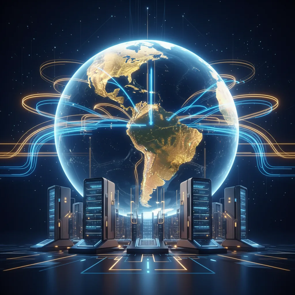 Ilustração abstrata digital representando a conexão global e domínios de internet em um ambiente de tecnologia avançada.