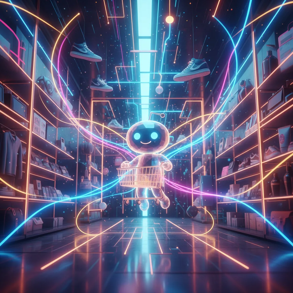 Ilustração 3D de uma loja de varejo moderna com produtos flutuantes e o mascote do Reddit, simbolizando as ferramentas de marketing.
