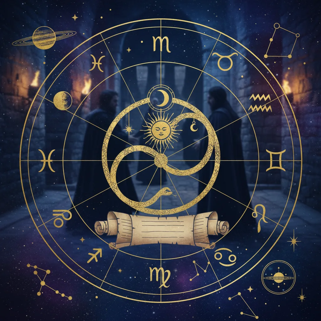 Carta astral mística sobreposta a uma cena de novela, com estrelas e símbolos zodiacais, indicando o desfecho de Três Graças em 2026
