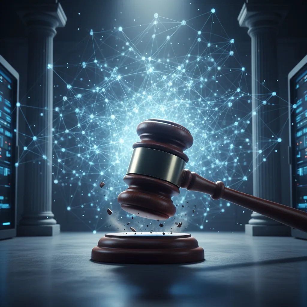 Martelo de juiz batendo em frente a uma representação de rede neural, simbolizando o processo contra a OpenAI e a responsabilidade da IA.