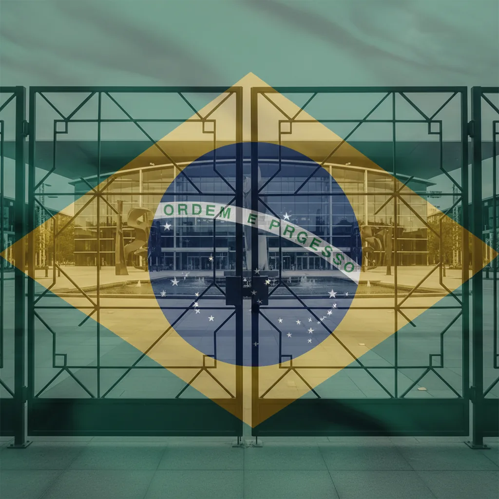 Cerca de metal fechada em frente a um centro de eventos, simbolizando a proibição de patrocínio para empresas devedoras no Rio de Janeiro.