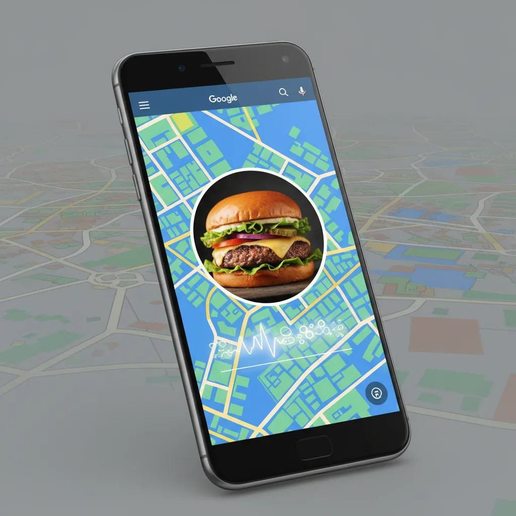 Smartphone exibindo legenda gerada por IA para uma foto de produto no Google Maps, ilustrando o impacto no SEO local.