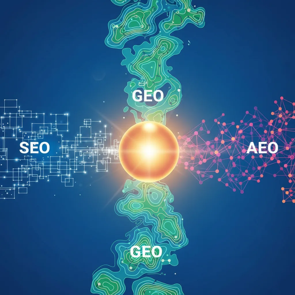 Infográfico abstrato explicando a união de SEO, GEO e AEO, conceitos chave da plataforma BlogAI.