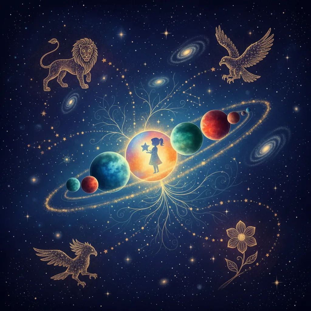 Representação mística de um mapa astral infantil com constelações e planetas, em nuvens suaves.