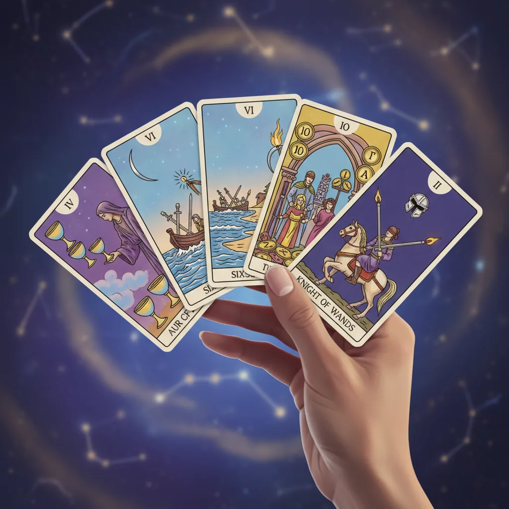 Mão segurando cartas de Arcanos Menores do Tarô com fundo místico desfocado.
