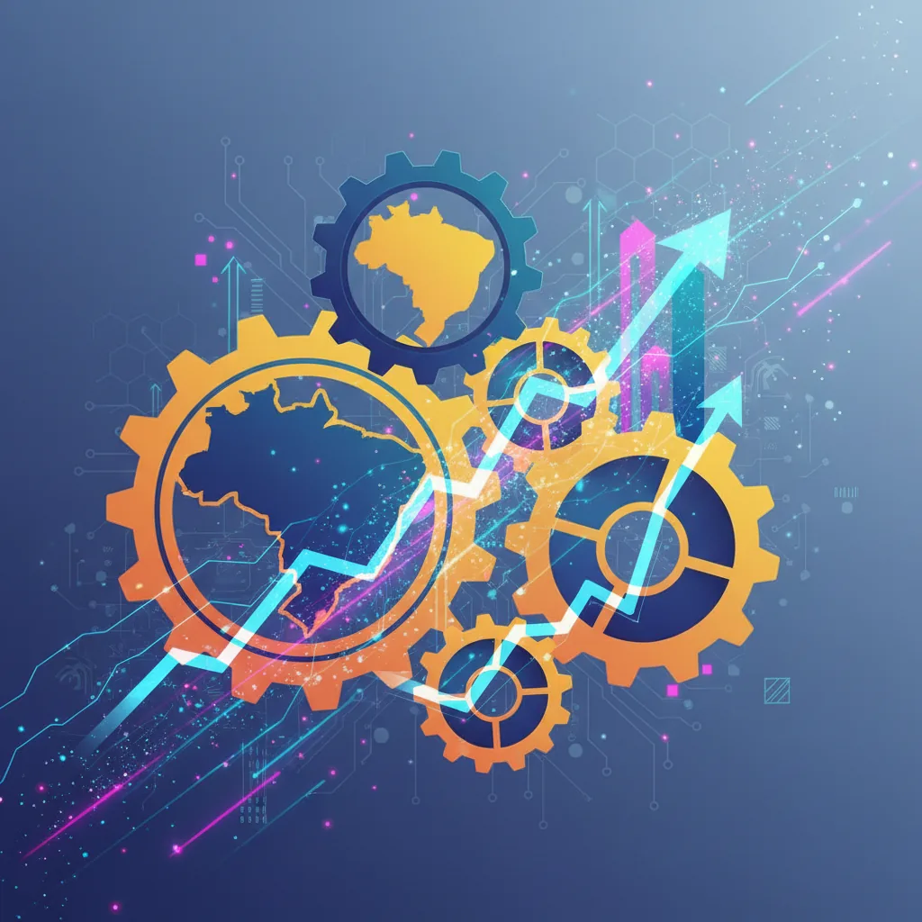 Ilustração abstrata de engrenagens interconectadas e fluxo de dados, representando frameworks de SEO e estratégias digitais para PMEs brasileiras.