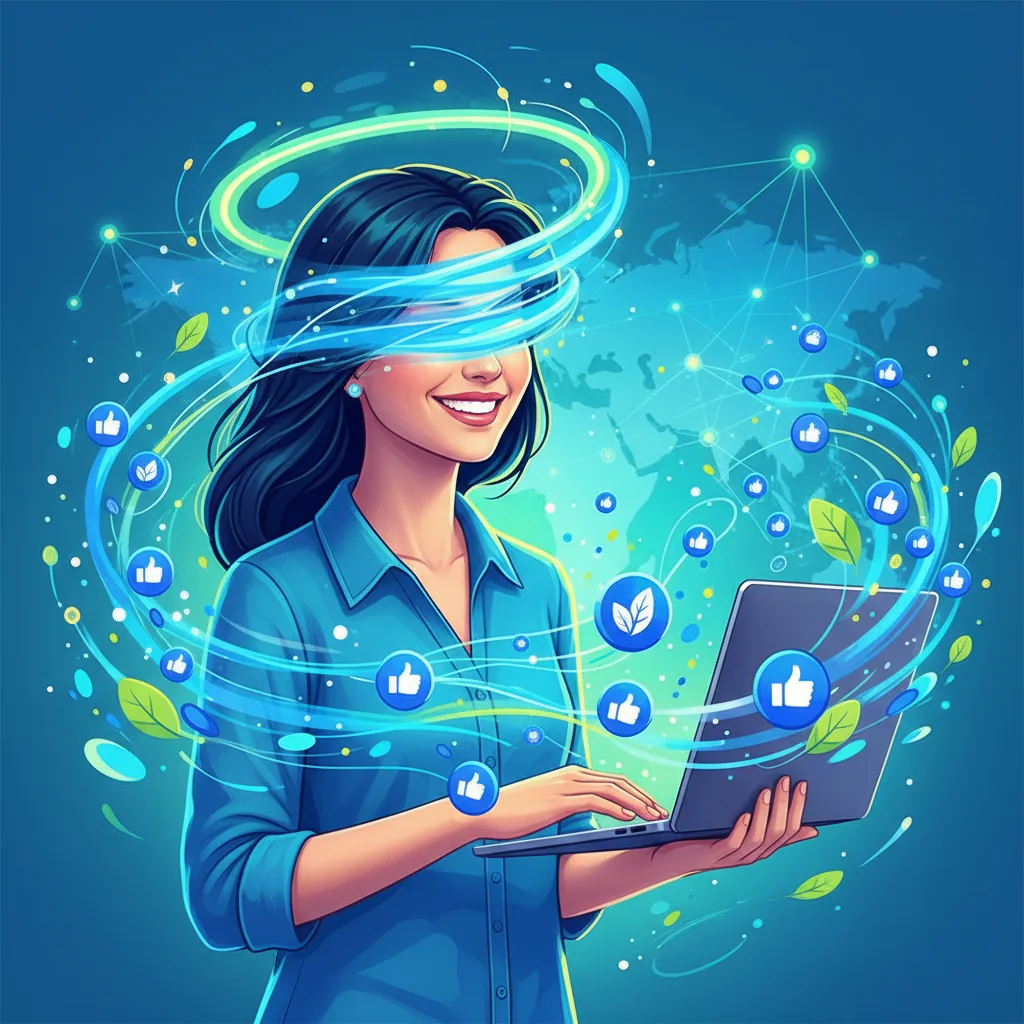 Mulher sorrindo, usando laptop, com logo do Facebook e gráficos de crescimento indicando tráfego orgânico.