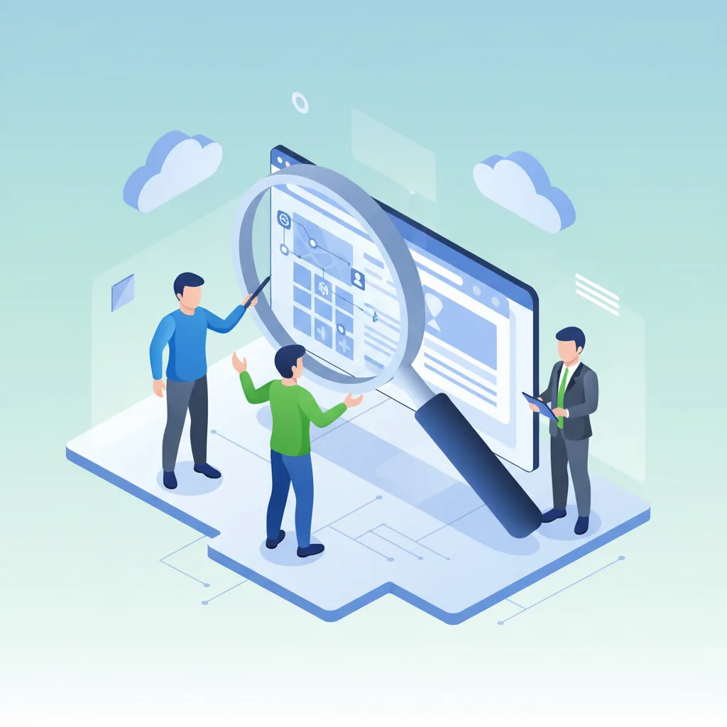 Ilustração mostrando uma equipe analisando um site com uma lupa, simbolizando a correção de erros de SEO para PMEs.