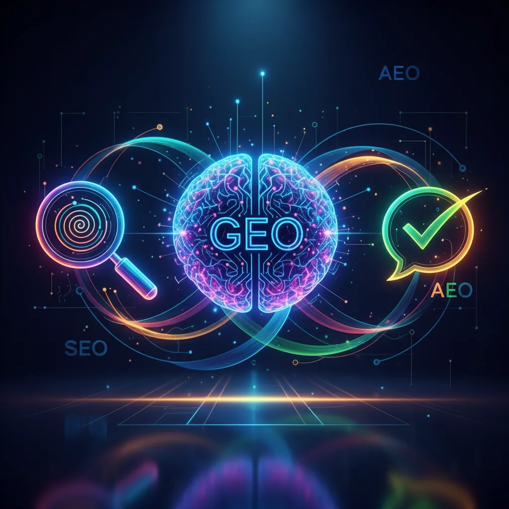 Diagrama conceitual explicando as diferenças e a sinergia entre SEO, GEO e AEO, os três pilares da busca moderna.