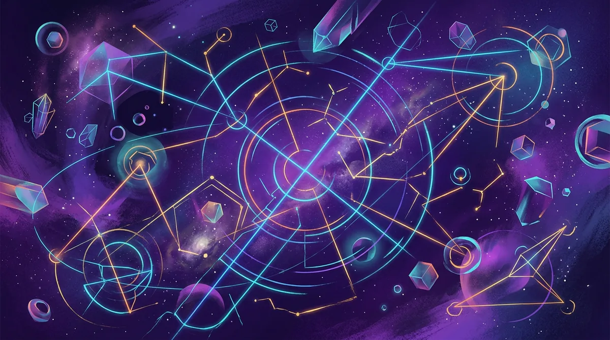 Representação estilizada e moderna de constelações conectadas por linhas digitais neon sobre um fundo cósmico roxo e azul.