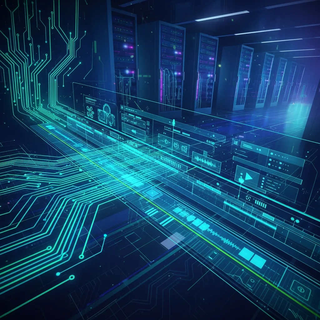 Ilustração de interface de streaming futurista com fluxos de dados de inteligência artificial em tons de verde e azul.