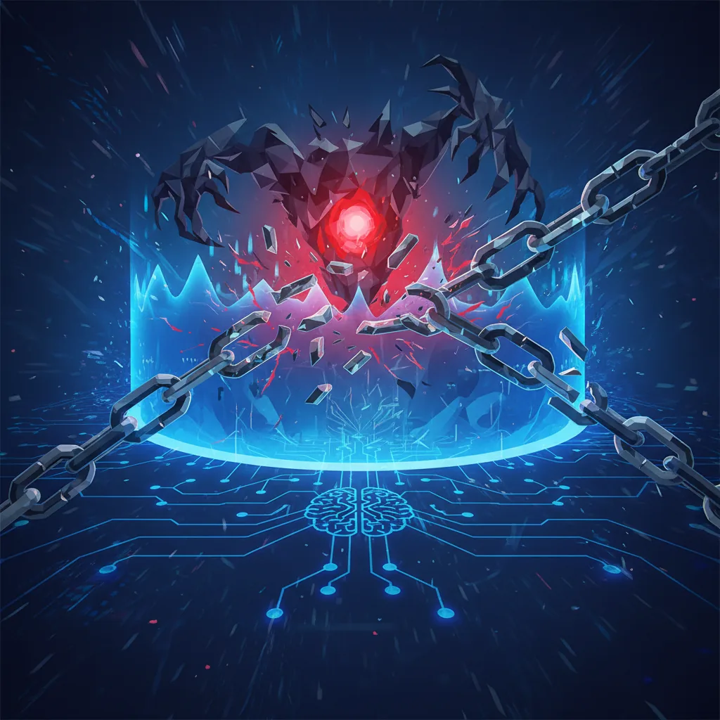 Ilustração abstrata dos riscos de segurança do OpenClaw, mostrando um elo de corrente digital quebrado com tons de azul e vermelho.